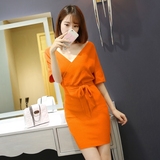 夏季新品韩版纯色修身系带高腰V领蝙蝠袖针织连衣裙一步裙