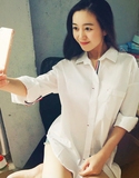 韩国定制款tb条纹白色衬衫女中长款BF风长袖宽松纯棉衬衣开衫外套