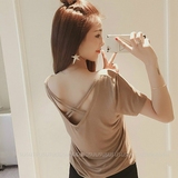 夏季韩国百搭宽松莫代尔纯色上衣简约V领后背交叉配裙子的短袖T恤