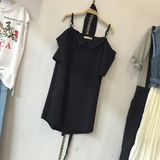 6度2016夏季韩版新款一字领露肩收腰吊带性感修身短袖连衣裙女潮