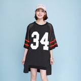 韩国2016夏学生韩版数字运动风短袖t恤女连衣裙中长款宽松棒球服