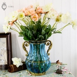 欧式玻璃花瓶餐桌花瓶摆件客厅玄关花瓶地中海蓝色小花瓶乔迁礼品