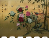 纯手绘牡丹花鸟客厅手工金箔漆画屏风 月木鸟定制酒店会所背景墙