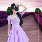 粉红大布娃娃夏季新款韩版女装紫色绣花欧根纱仙修身短袖连衣裙