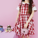 【耳橙】日系软妹红白格子娃娃领连衣裙蝴蝶结系带小花朵裙子新品