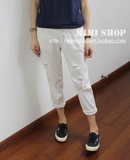 韩国MINI BRAND白色9分大破洞薄款显瘦boyfriend 牛仔裤