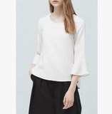 1279外贸原单女装白衬衫欧美时尚纯色喇叭袖宽松显瘦套头打底衫潮