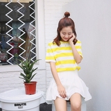 夏季韩版黄色休闲百搭宽松纯棉学院风上衣韩国黄白短袖条纹女t恤