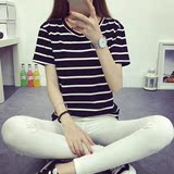 韩范闺蜜装黑白条纹短袖t恤女夏季简单宽松韩国学生体恤18-24周岁