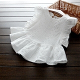 精品 韩国 外贸女童装  儿童飞袖衬衣 蕾丝全棉精致 白色短袖衫