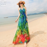 夏季海边度假必备沙滩裙 波西米亚连衣裙气质显瘦真丝吊带长裙