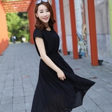 夏季裙子女2016新款韩版修身收腰短袖中长款雪纺连衣裙显瘦气质仙