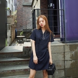 2016夏新款韩风chic 复古竖条纹双排扣短袖西装领连衣裙短裙女E29