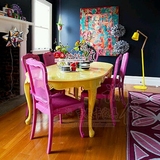 新古典实木雕花椭圆形柠檬黄色餐桌实木漆艺玫红色餐椅餐桌椅组合