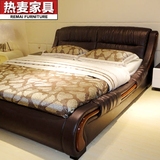热麦现代中式进口真皮软床 双人床实木高档卧室休闲方形皮床BED