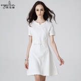 欧茄林2016夏季新款女装短袖白色连衣裙修身中长款显瘦拼接A字裙