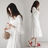 韩国代购2016夏季韩版女装白色中袖方领蕾丝中长款连衣裙宽松显瘦
