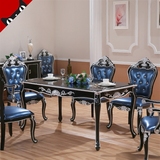 欧式餐桌 椅组合4/6人新古典实木雕花餐桌1桌6椅大理石长方形饭桌