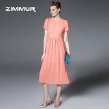 ZIMMUR2016夏季新款女装圆领短袖欧美时尚气质修身雪纺连衣裙长裙