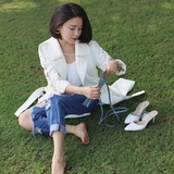 IS DALU2016年春季新款韩版白色翻领双排扣钉珠女士中长款风衣