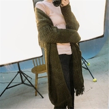韩国秋冬季加厚粗毛线流苏毛衣外套宽松中长款V领纯色针织开衫女