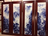 景德镇陶瓷瓷板画名家手绘青花山水风景画装饰瓷器画四条屏挂画