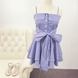 【林珊珊】夏季韩版修身显瘦吊带一字领性感蓝色条纹连衣裙女短裙