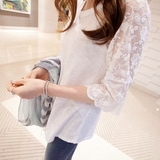 初夏韩版蕾丝拼接半袖t恤女白色韩国学生百搭显瘦女士中袖打底衫