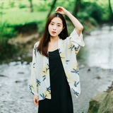 夏季森女日系雪纺长袖蜻蜓印花和风防晒衫文艺复古衬衣开衫外套新