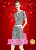 海青蓝2016夏季新款时尚条纹蝙蝠袖修身一步裙女装个性连衣裙5668