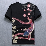 日系潮牌短袖T恤夏季鲤鱼刺绣半袖tee民族中国风男装纹身体恤上衣