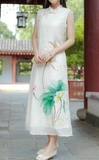 夏中国风复古改良汉服旗袍茶服立领盘扣手绘印花无袖连衣裙长裙