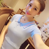 海军风蓝色衬衫式针织连衣裙2016夏季女装韩版短袖修身显瘦中长裙