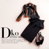 DKO/黎蔻2016春装新款女装OL气质两件套套装条纹木耳边包臀连衣裙