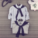 2016夏装学院风假两件衬衫 条纹棉麻衬衫女休闲五分袖学生衬衣