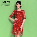JMFIVE2016春夏装新款复古红色印花修身收腰显瘦桑蚕丝真丝连衣裙