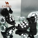 Camel/骆驼女鞋 2016夏季新款 真皮条纹拼色魔术贴高跟凉鞋女夏
