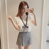 2016夏季韩版新款V领无袖百褶雪纺衫+格子短裙裤套装两件套女潮