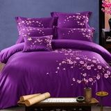 新中式古典中国风格刺绣花梅花床上用品床单四件套全棉纯棉深紫色
