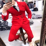 2016新款韩版英伦时尚修身型休闲男士简约双排扣西装套装纯色西服