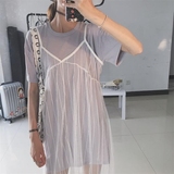 2016夏季新款韩国纯色宽松短袖T+蕾丝吊带中长款连衣裙两件套装女