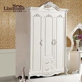欧式衣柜实木雕花新古典卧室3门组装储物柜法式烤漆白色板式衣橱