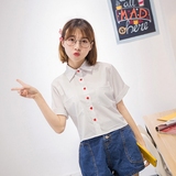韩版学院风刺绣汉堡薯条可乐小宽松衬衣领偏短款短袖T恤女夏