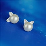 天然珍珠猫咪可爱s925纯银针耳钉女简约甜美气质日韩百搭时尚耳环