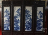 景德镇陶瓷瓷板画名家手绘仿古青花山水风景画四条屏挂画装饰画