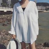 夏季韩国学院风简约宽松口袋长袖白衬衫 中长款棉麻女衬衣防晒衫