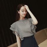 夏季新款女装2016韩版短袖格子衬衫气质范荷叶边套头立领宽松上衣
