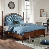 美式乡村实木柚木色双人床1.8米蓝色真皮皮艺床样板房家具定制