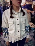 韩国官网 橄榄刺绣外套 短夹克 白色牛仔外套女学院风 棒球服女