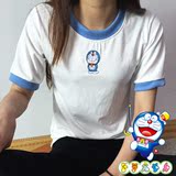 韩国ulzzang原宿潮牌哆啦a梦叮当猫刺绣情侣男女短袖撞色t恤